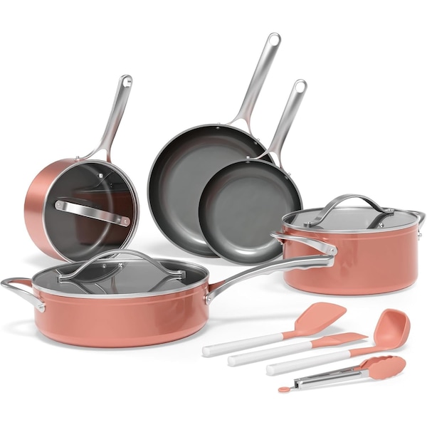 Bakkenmaster Bakken 12-Piece Aluminum Cookware Set, Nonstick, PTFE & PFAS Free, Pink, Oven Safe BAKCRMIC8PINK - main