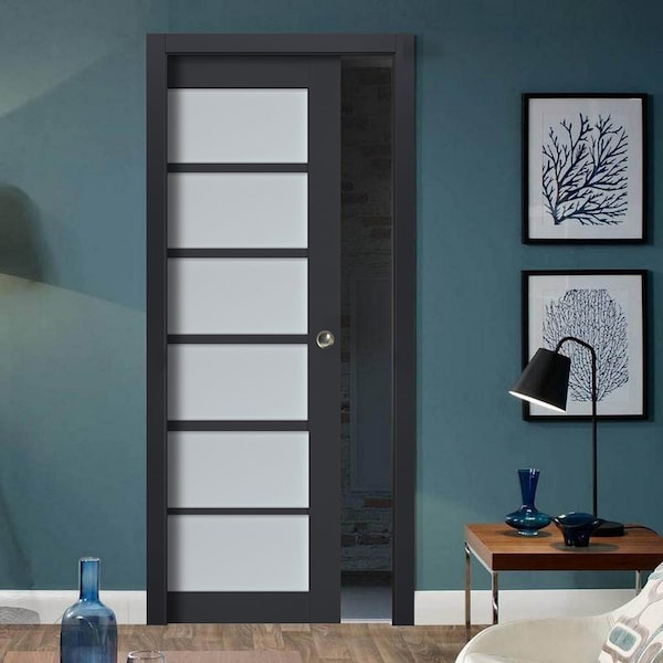 Sartodoors Sliding French Pocket Door with Frosted Glass 28x96 Solid Core Modern Interior VEREGIO7602PD-ANT-2896 - main