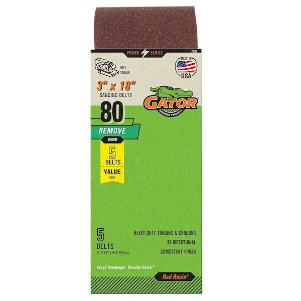 Gator Finishing Red Resin 3 x 18 in. Sanding Belt, 80 Grit, Medium, 5PK 7032GA - main