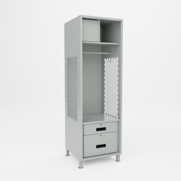 Pucel Athletic Gear Locker, 24inW x 72inH x 24inD, 2 Drawers, Perforated Door, Top Cabinet, 4inLegs, Gray GL-2472-24-DR2-TL - main