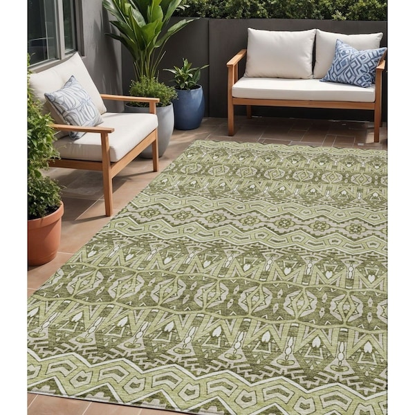 Homeroots 5' X 8' Artichoke Green Gray And Ivory Moroccan Washable Indoor Outdoor Area Rug 594293 - main