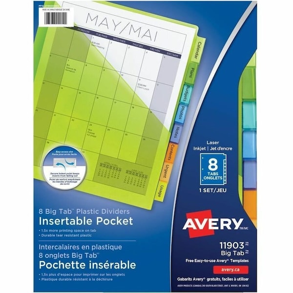 Avery Plastic Pocket Insertable Tab Dividers, Assorted, 8 Tabs/Set 11903 - main