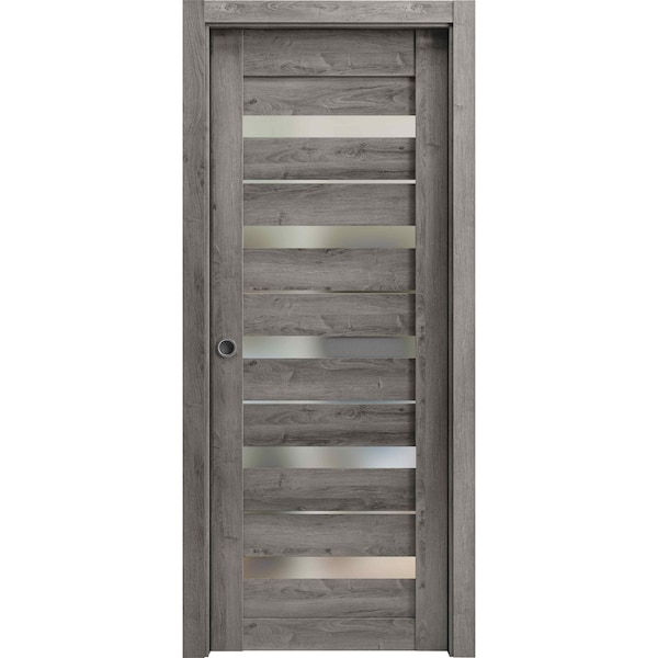 Sartodoors Sliding French Pocket Door 32 x 80in, Nebraska Grey W/ Frosted Glass, Kit Trims Rail Hardware QUADRO4445PD-NEB-32 - main
