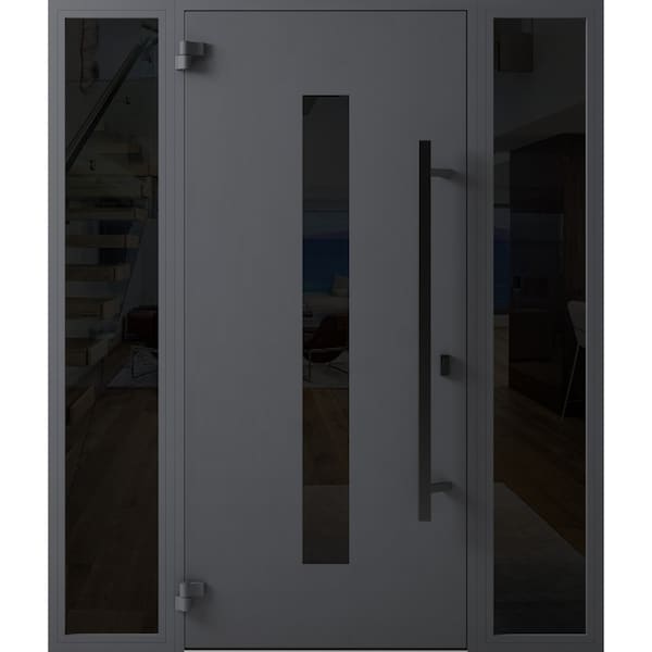 Vdomdoors Front Exterior Prehung Steel Door Ronex0130 Grey 2 Sidelight Exterior Windows Sidelites Entry Metal RONEX0130EXD-GRE-W14+36+14 X H80-RH-I - main
