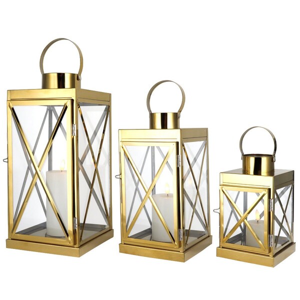 Homeroots Set of Three Clear And Gold Glass And Stainless Steel Floor Lantern Candle Holders, 3PK 719765 - main