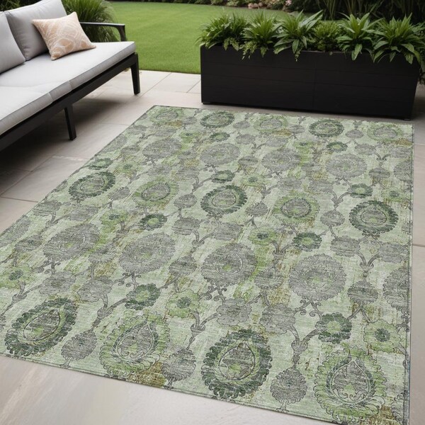 Homeroots 5' X 8' Artichoke Green And Fern Green Damask Washable Indoor Outdoor Area Rug 588167 - main