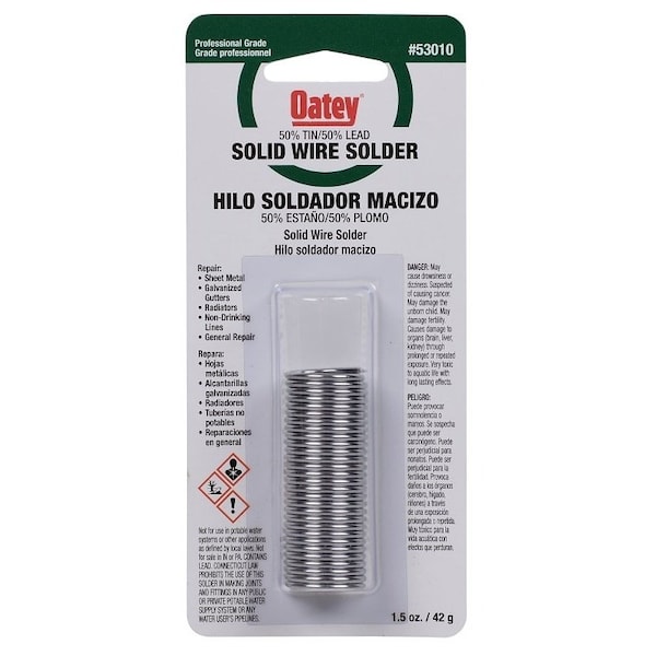 Oatey Leaded Solder, 1 oz Carded, Solid, Silver, 361 to 421 deg F Melting Point 53010 - main
