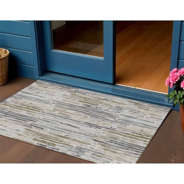 Homeroots 3' X 5' Beige And Gray Striped Washable Indoor Outdoor Area Rug 617686 - main