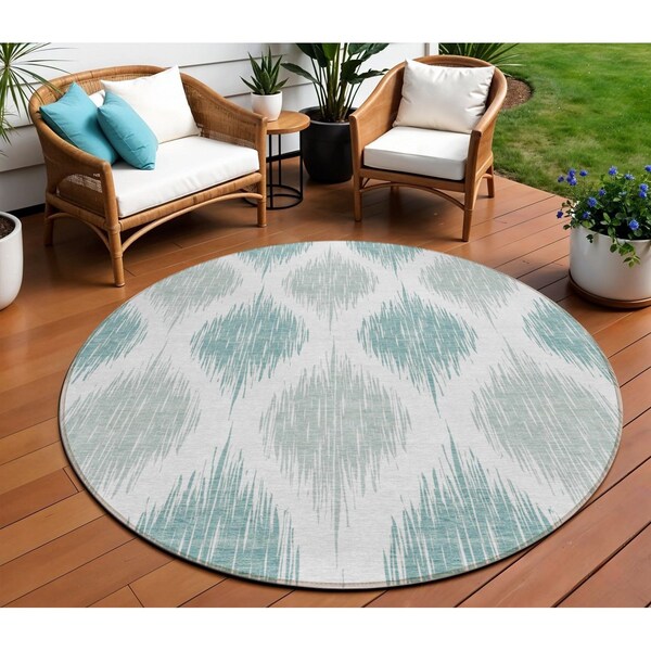 Homeroots 8' Aqua Teal Blue And Ivory Round Ikat Washable Indoor Outdoor Area Rug 589070 - main