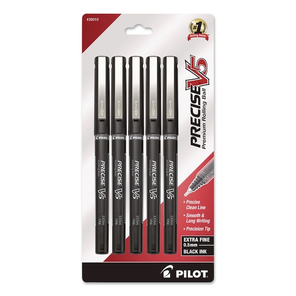 Pilot Precise V5 Rollerball Pen, Stick, Extra-Fine 0.5 mm, Black Ink, Black/Clear Barrel, 5PK 26010 - main
