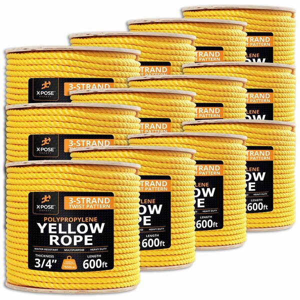 Xpose Safety 3/4in x 600 ft Twisted Polypropylene Rope, Yellow, 12PK YPR34-600-12-X - main