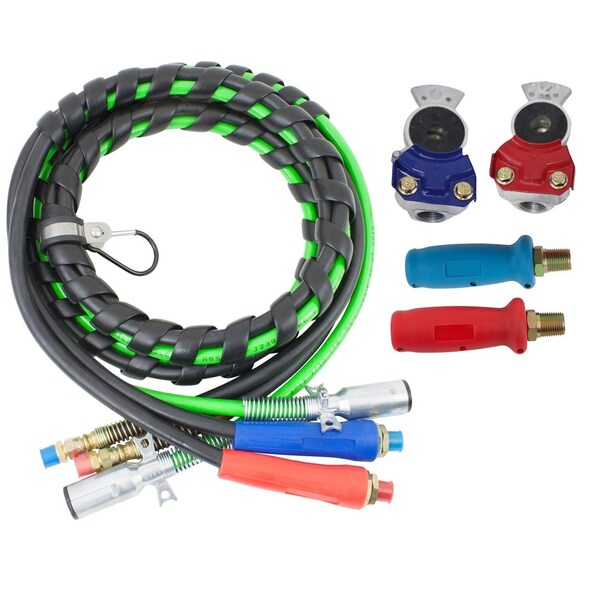 Mytee Products 3-in-One Wrap 7 Way Electrical Green ABS Air Brake Lines 12 Ft Red & Blue MP-AB3IO12-GH-Ext - main