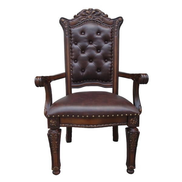 Homeroots Set of Two Tufted Brown and Redwood Upholstered Faux Leather And Solid Wood Dining Arm Chairs, 2PK 573370 - main