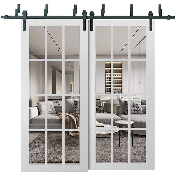 Sartodoors Sliding Closet 12 Lites Clear Glass Barn Bypass Doors, Felicia 3355 White Silk, Sturdy 6.6ft Rails FELICIA3355BBB-WS-72 - main