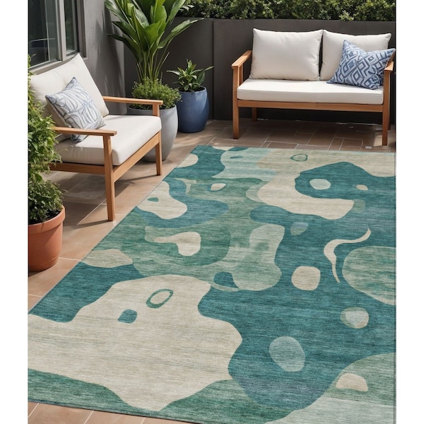 Homeroots 5' X 8' Teal Blue Ivory And Beige Abstract Washable Indoor Outdoor Area Rug 630610 - main