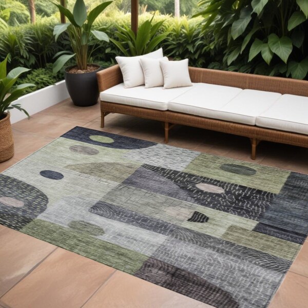 Homeroots 10' X 14' Artichoke Green Gray And Charcoal Geometric Washable Indoor Outdoor Area Rug 604395 - main