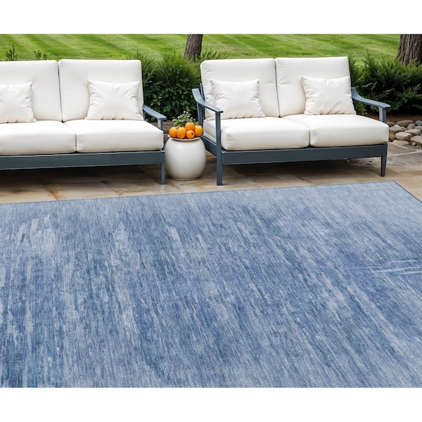 Homeroots 8' X 10' Denim Blue And Sky Blue Abstract Washable Indoor Outdoor Area Rug 587635 - main