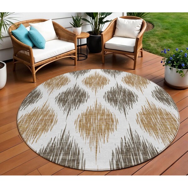 Homeroots 8' Chocolate And Ivory Round Ikat Washable Indoor Outdoor Area Rug 589088 - main