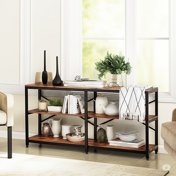 Kioottoo 70.9'' Industrial Console Table, Vintage Grey Narrow Sofa Table with Open Storage TB-F1895 - main