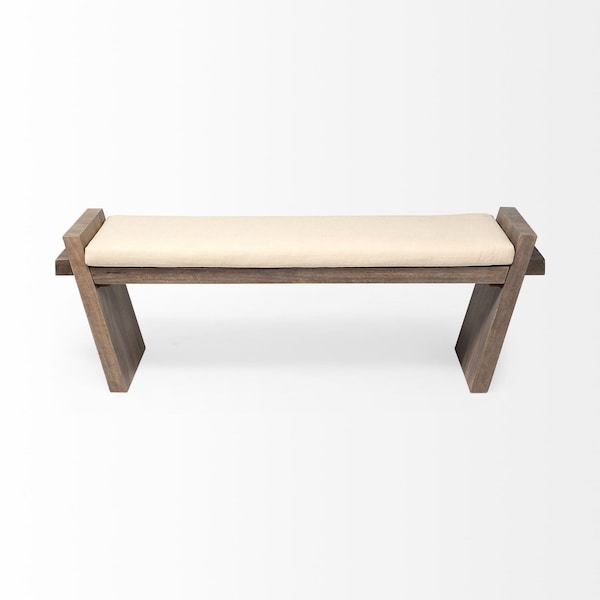 Homeroots 14in Cream and Brown Upholstered Linen Blend Bench 376177 - main