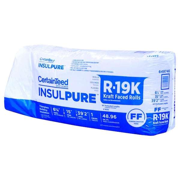 Certainteed 15 in. W X 470 in. L X 5.5 in. R-19 Kraft Faced Fiberglass Insulation Roll 48.96 sq ft CT90105 - main