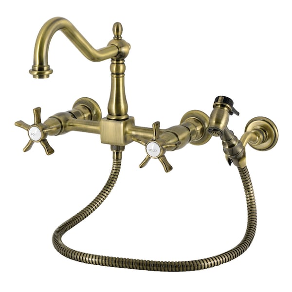 Kingston Brass Two-Handle Wall Mount Bridge Kitchen Faucet with Brass Sprayer, Antique Brass KS1243NXBS - main