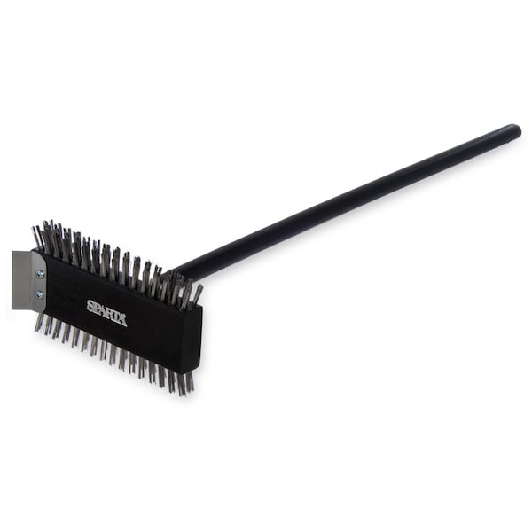 Carlisle Foodservice Sparta Broiler Master Grill Brush and Scraper with Handle, Metal Bristles, 30.5" Black Wood Handle 4029000 - main
