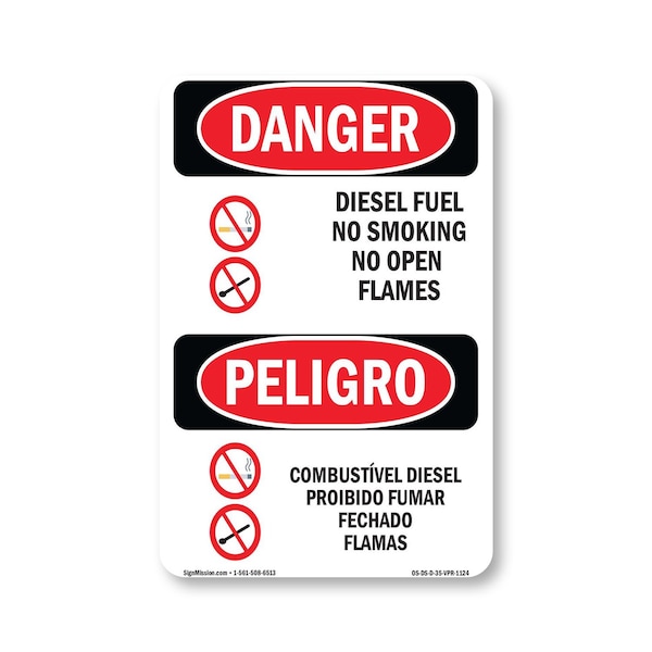 Signmission OSHA Danger Sign, Diesel Fuel No Smoking Bilingual, 5in X 3.5in Decal, OS-DS-D-35-VPR-1124 OS-DS-D-35-VPR-1124 - main