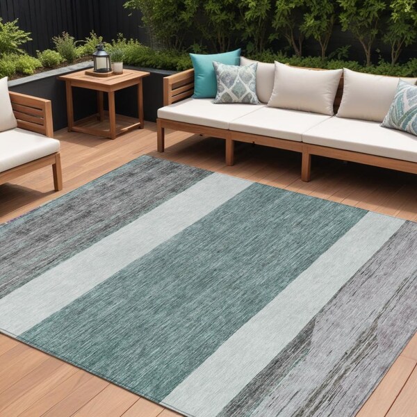 Homeroots 10' X 14' Teal Blue Off White And Gray Abstract Washable Indoor Outdoor Area Rug 615301 - main