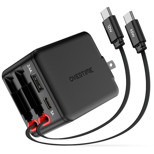 Overtime 4-in-1 Retractable Wall Charger with Dual 45W Type-C Cables, Black D36 - main