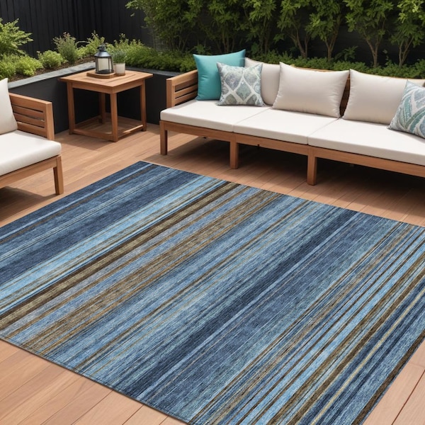 Homeroots 8' X 10' Navy Blue Sky Blue And Taupe Striped Washable Indoor Outdoor Area Rug 614818 - main
