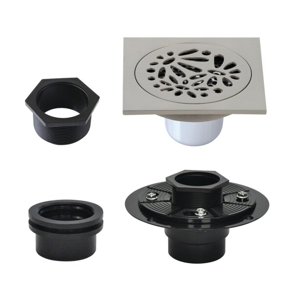 Kingston Brass 4" Brass Square Grid Shower Drain with Hair Strainer and Base Flange, Brushed Nickel BSFK6360BN - main