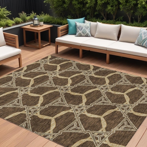 Homeroots 9' X 12' Brown And Beige Geometric Washable Indoor Outdoor Area Rug 613480 - main