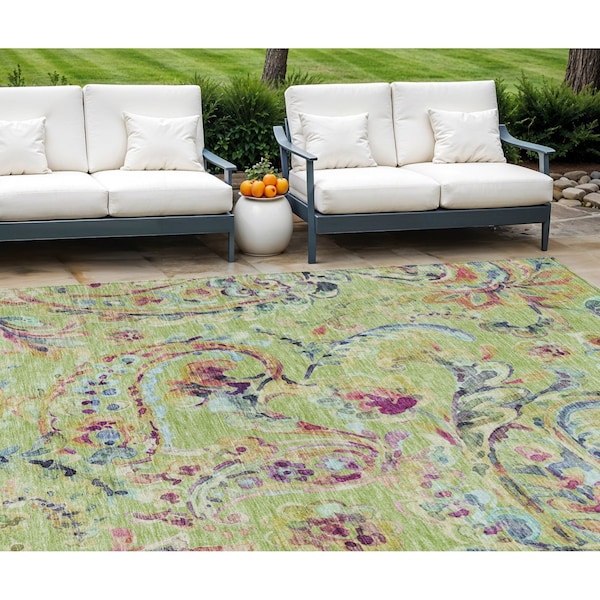 Homeroots 8' X 10' Artichoke Green And Pink Paisley Washable Indoor Outdoor Area Rug 588591 - main
