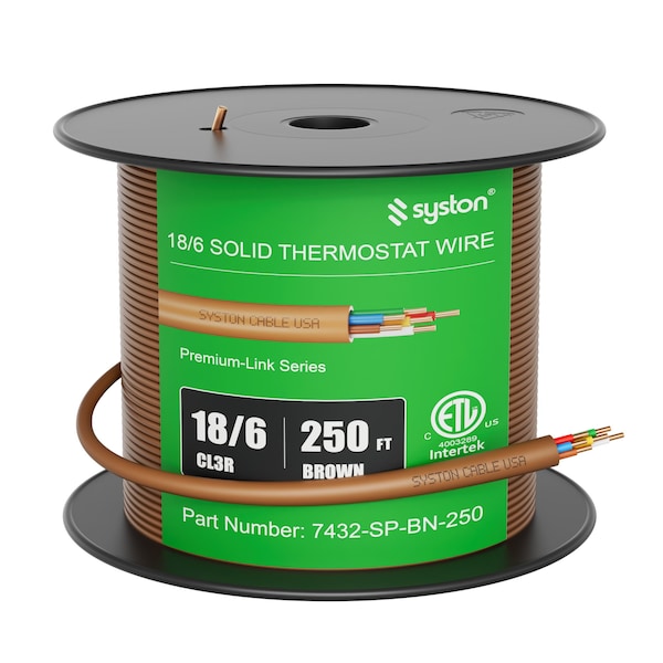 Syston Cable Technology 18/6 Thermostat Doorbell HVAC Cable Wire 250 FT, 18 AWG 6 Conductors 100% Solid Copper CL3R/CMR/FT4 7432-250BN - main