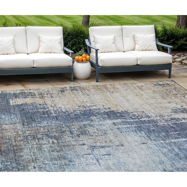 Homeroots 8' X 10' Navy Blue And Taupe Abstract Washable Indoor Outdoor Area Rug 587245 - main