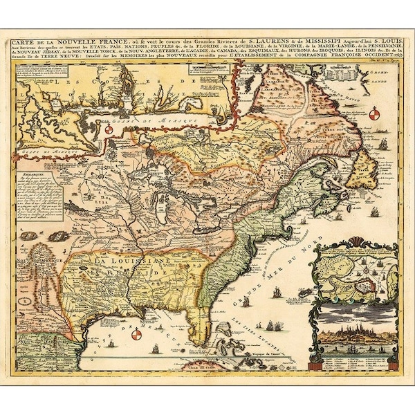 Homeroots Vintage 1718 Map Of New France Unframed Print Wall Art 391943 - main
