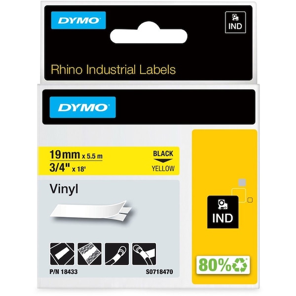 Dymo Label Tape Cartridge, Black/Yellow, Labels/Roll: Continuous 18433 - main