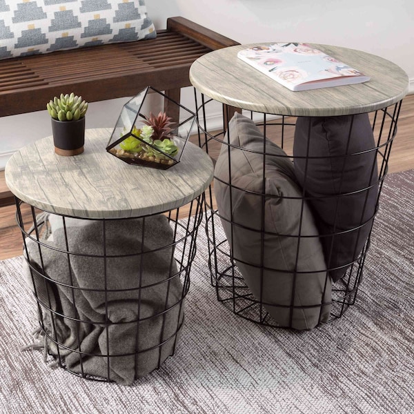 Lavish Home Set of 2 End Tables Nesting Tables with Removable Wood Tops, Metal Basket Bases 80-ENDTBL-22 - main