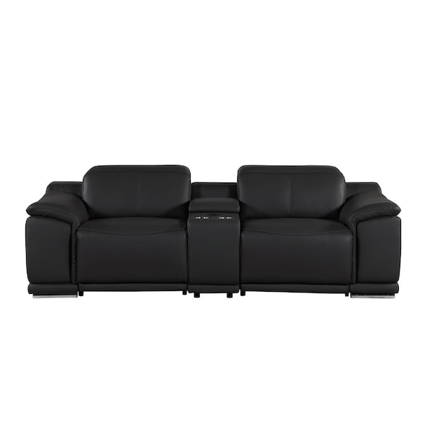 Homeroots 93in Black and Silver Italian Leather Power Reclining Loveseat With Storage 720570 - main