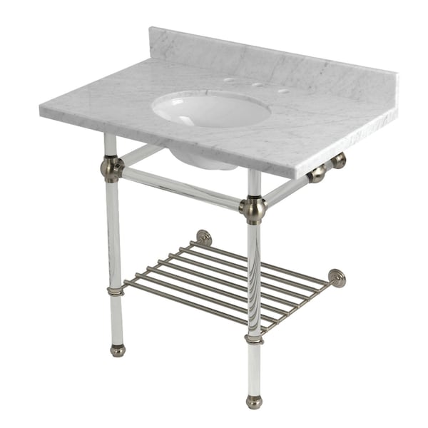 Kingston Brass 36-Inch Carrara Marble Console Sink with Acrylic Legs and Shelf, 8-Inch, 3-Hole KVPB36MAB8 - main