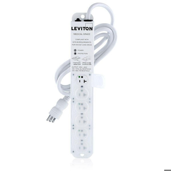 Leviton Outlet Strip, Surge, Rack Mounted, 6 5-20R, 5-20P, 7 ft., White 5306M-2S7 - main