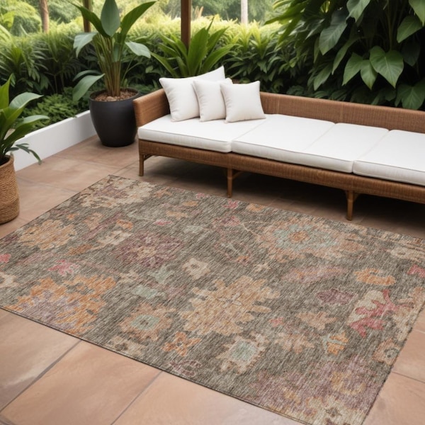Homeroots 8' X 10' Brown Tan And Terra Cotta Floral Washable Indoor Outdoor Area Rug 604111 - main