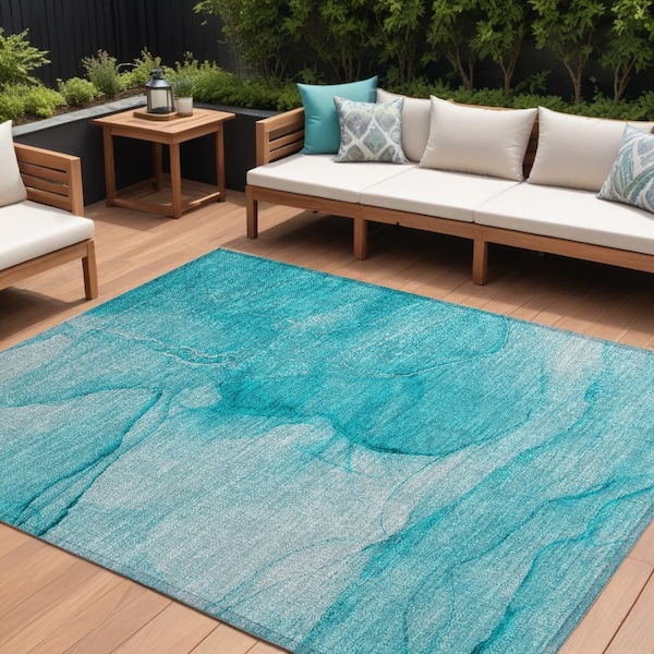 Homeroots 10' X 14' Teal Abstract Washable Non Skid Indoor Outdoor Area Rug 559783 - main