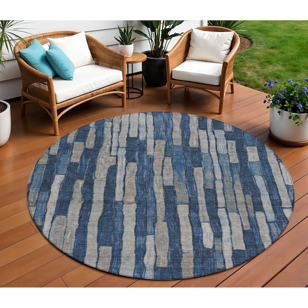 Homeroots 8' Navy Blue And Denim Blue Round Striped Washable Indoor Outdoor Area Rug 608954 - main