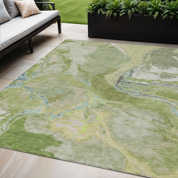 Homeroots 5' X 8' Green Blue And Gray Abstract Washable Indoor Outdoor Area Rug 597771 - main