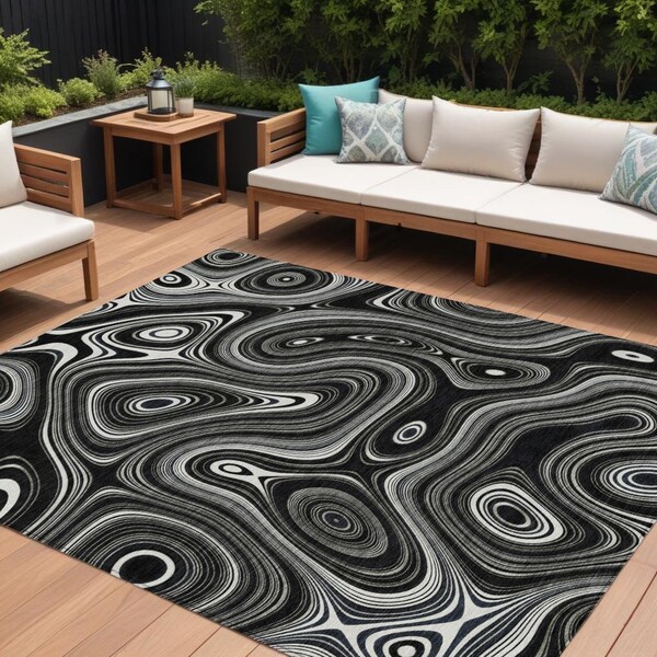 Homeroots 10' X 14' Black And Ivory Geometric Washable Indoor Outdoor Area Rug 631376 - main