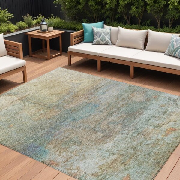 Homeroots 8' X 10' Wheat Sky Blue And Beige Abstract Washable Indoor Outdoor Area Rug 631464 - main