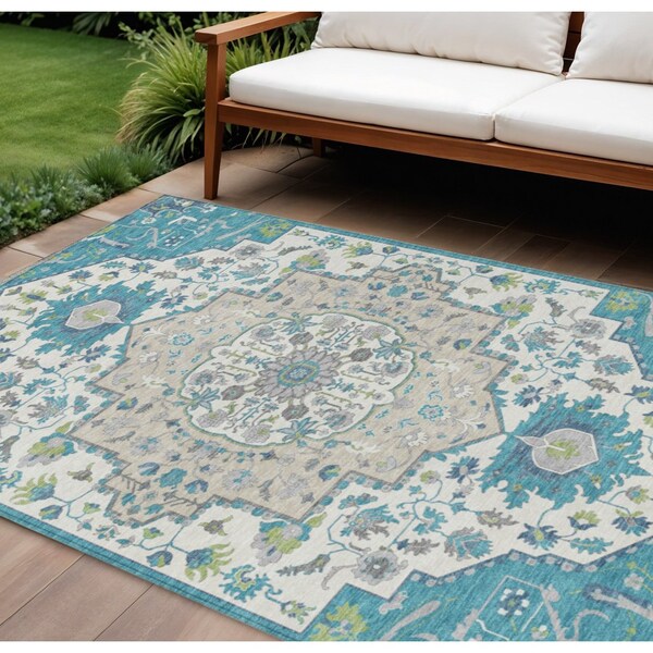 Homeroots 9' X 12' Teal Blue Green And Ivory Oriental Washable Indoor Outdoor Area Rug 596648 - main