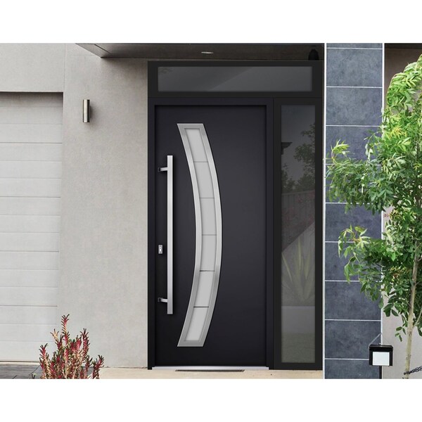 Vdomdoors Steel Door Deux 6500 Black Sidelight and Transom Window Stainless Inserts Single Modern Painted-W36 DEUX6500EXD-BLK-W36+16 x H80+16-Right-hand Inswing - main